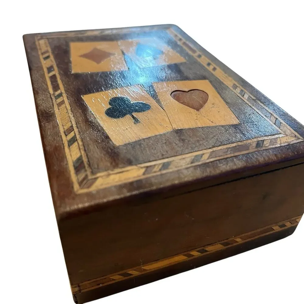 Marquetry Playing Cards Box Two Decks of Cards Aces Rustic Repair Vintage Gamble